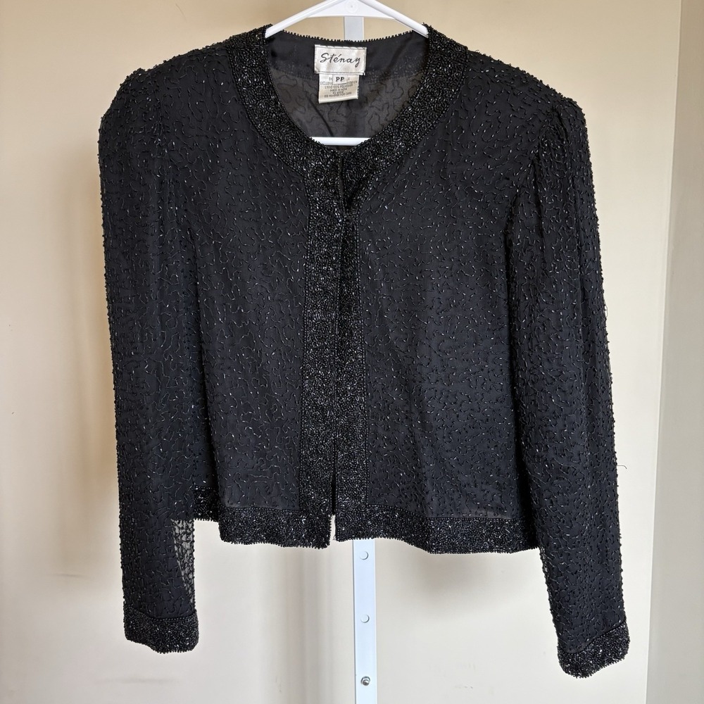 Vintage Stenay Womens Silk Beaded Long Sleeve Jacket Blazer Size‎ PS Black 80s